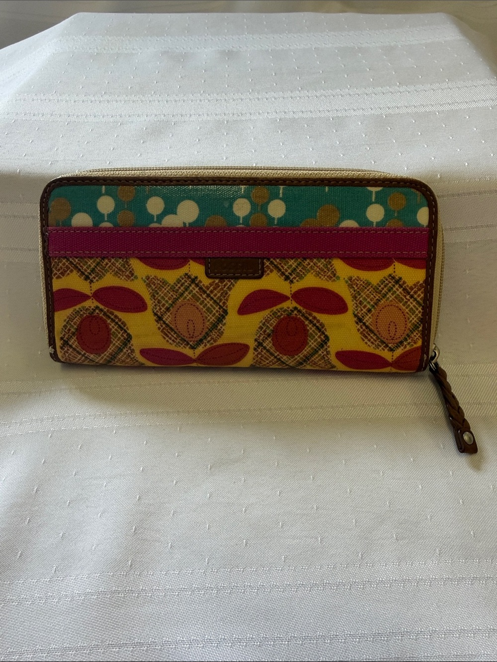 Fossil Colorblock Printed Zip-Around Wallet in Teal, Yellow, Magenta, Brown